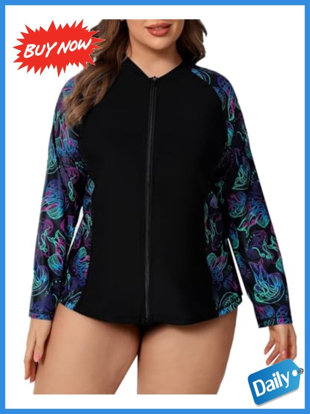 Plus Size Full Zip Rash Guard Swim Shirt UPF 50+ Long Sleeve Swim Top